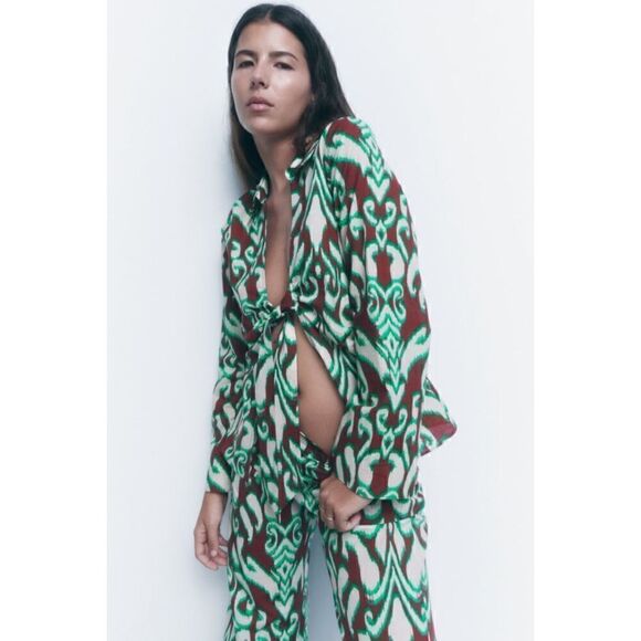 NWT Zara The Selena Blouse Printed Collared V-Neckline Tie Front Long Sleeve Top - Picture 3 of 13